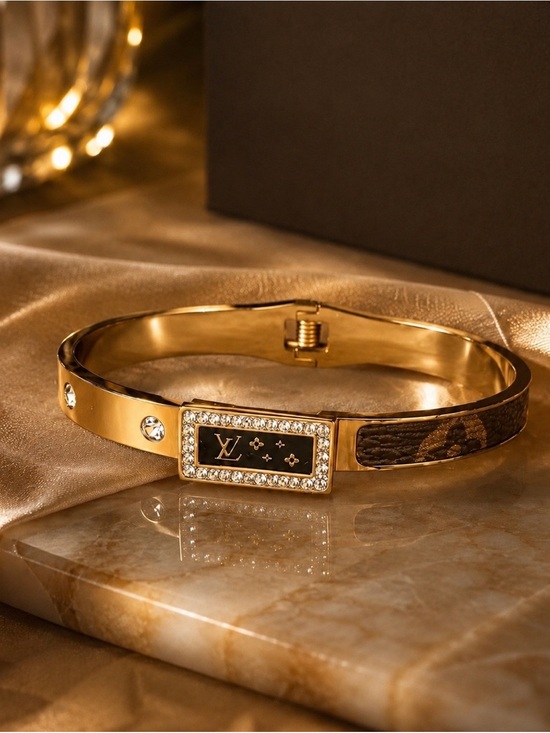Fashion Jewelry Jewelry - 18K Gold and Brown Monogram Crystal-Trim Bangle Bracelet